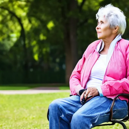 Image similar to an older woman sitting in a park using an oxygen tank, 4 k,