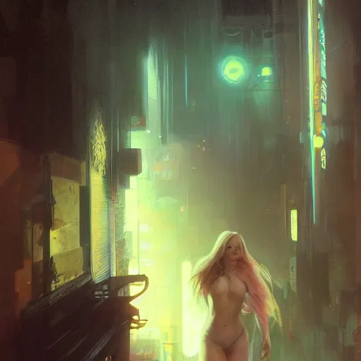 Image similar to billie eilish, hyperrealistic full figure, bladerunner street alley, art of elysium by frank frazetta and by jeremy mann and by alphonse mucha, fantasy art, photo realistic, dynamic lighting, artstation, full figure poster, volumetric lighting, very detailed face, 4 k, award winning