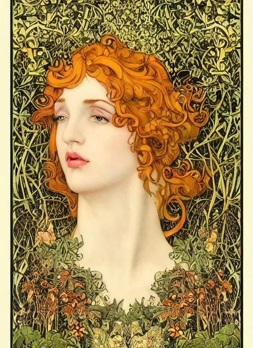 Image similar to masterpiece beautiful seductive flowing curves pinup pose preraphaelite face portrait photography, extreme close up shot, straight bangs, thick set features, yellow ochre ornate medieval dress, kay nielsen, amongst foliage mushroom forest circle arch, william morris and kilian eng and mucha, framed, 4 k