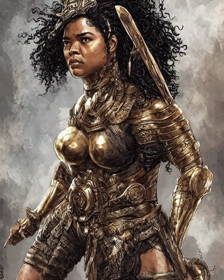 Image similar to tessa thompson as an amazon warrior, tall and beautiful with brown skin and long hair, but better, dressed in hellenistic body armor, intricate, elegant, highly detailed, smooth, sharp focus, detailed face, art by ardian syaf