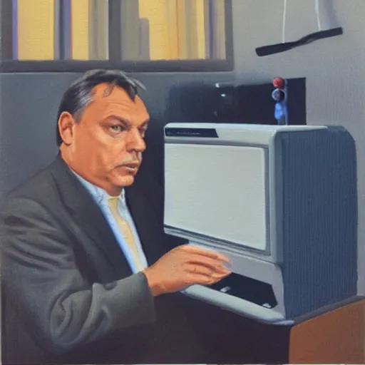 Prompt: viktor orban programming a commodore 6 4 in a cubicle, oil painting
