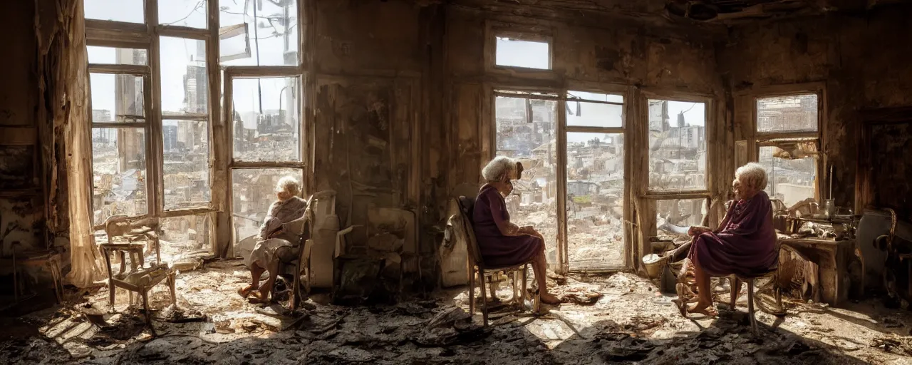 Image similar to a white dirty room, with broken wooden windows, an old woman is sitting on a chair in the middle, golden hour, dust is visible, masterpiece 4k, intricate details, realistic, panoramic view, Hyperdetailed, 8k resolution, photorealistic