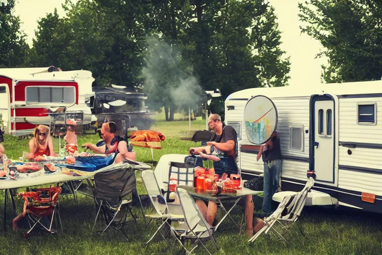 Image similar to redneck astronaut summer grillparty in trailer park, detailed, cinematic photo