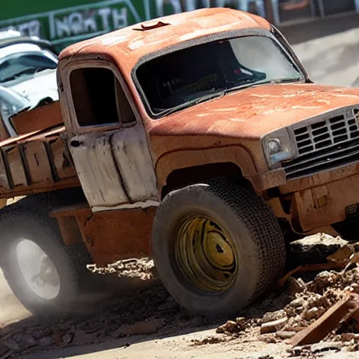 Prompt: Tow Mater in Madd Maxx demolition derby