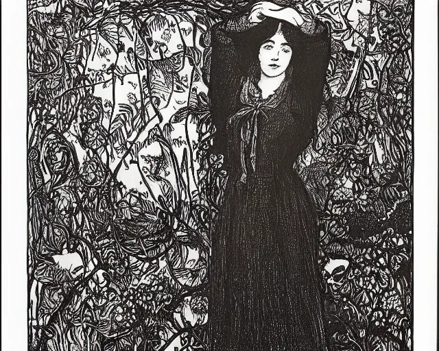 Image similar to ophelia by john everett millais, illustrated in the style of aubrey beardsley, black ink, decadent, floral, intricate line art