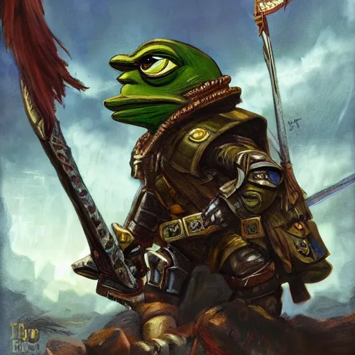 Image similar to pepe in War Hammer Epic fantasy art, cinematic asterpiece