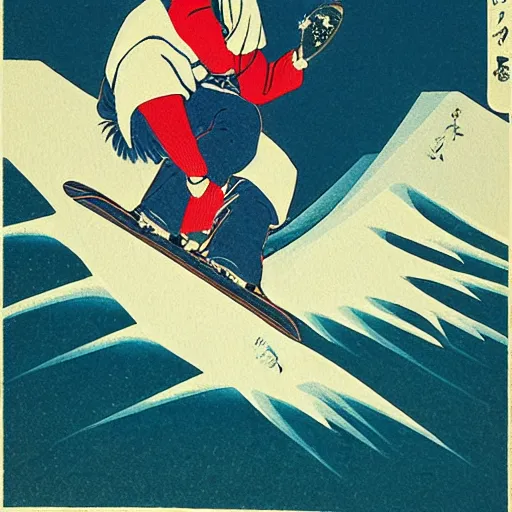 Prompt: man snowboarding with roostertail woodblock print, style of hokusai, fine art, style of kanagawa, winter painting