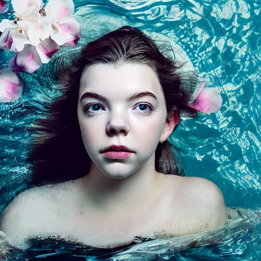 Image similar to portrait of a beautiful girl like anya taylor - joy floating under the deep water, white petal, by personal photography, art by brookskim, closeup, 4 k, highly detailed, instagram,