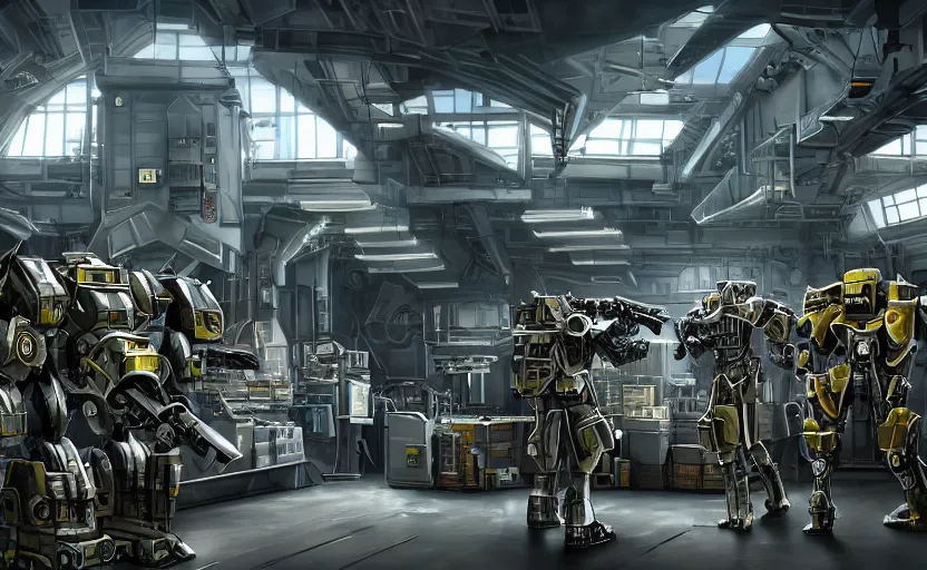 Image similar to epic scenic shot, highly detailed weapons laboratory, clean and organized, quantum technology, bright lights, warehouse with giant mecha dragon parts, with anthropomorphic furry researchers in military uniforms, carrying guns, tables, parts, gun scraps, windows, sci fi, Extremely detailed digital art, furry art, furaffinity, DeviantArt, HD artstation
