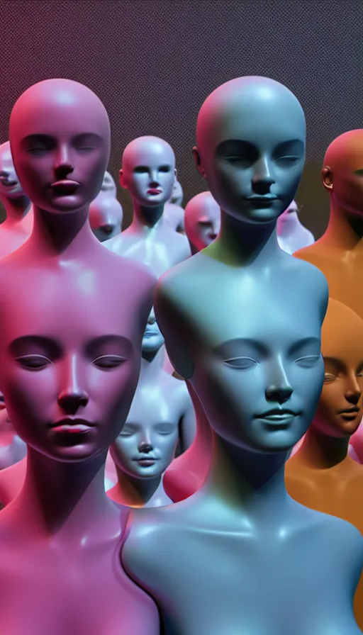 Image similar to a group of mannequins with their eyes closed, a computer rendering by beeple, cgsociety, holography, iridescent, holographic, 3 d