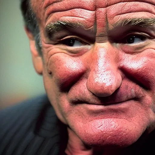 Image similar to robin williams makes the devil laugh, sinister lair, creepy hellscape, the devil os played by bill murray, saturated red skin, horns, photo