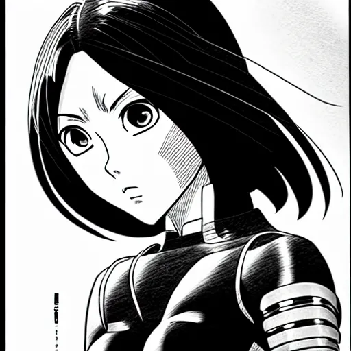 Image similar to alita by yukito kishiro. medium shot. black and white manga. pencil drawing. high detailed face