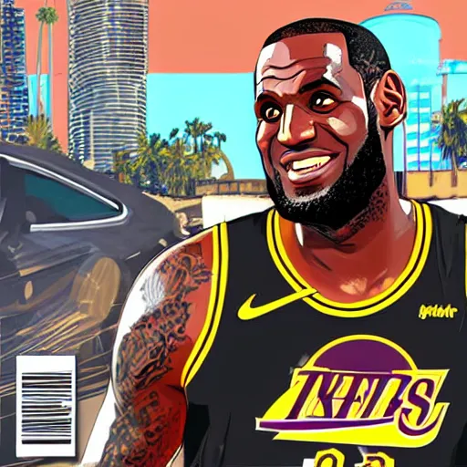 Image similar to happy lebron james, gta v cover art, cars in the background, art by stephen bliss