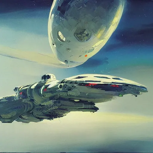 Image similar to minimalist concept art spaceship, long deliberate brushstrokes, concept art oil painting, textured paint by john berkey