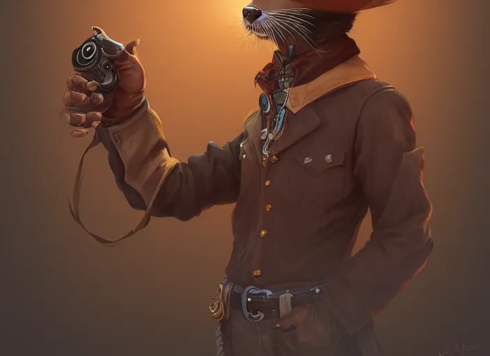 Prompt: character portrait feature of the anthro male anthropomorphic otter fursona wearing cowboy outfit wild west desperado character design stylized by charlie bowater, ross tran, artgerm, makoto shinkai, detailed, soft lighting, rendered in octane