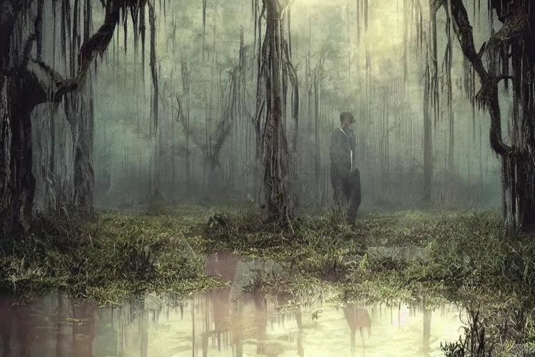Image similar to scene from louisiana swamps, true detective, artwork 8 0 s japanese sci - fi books art