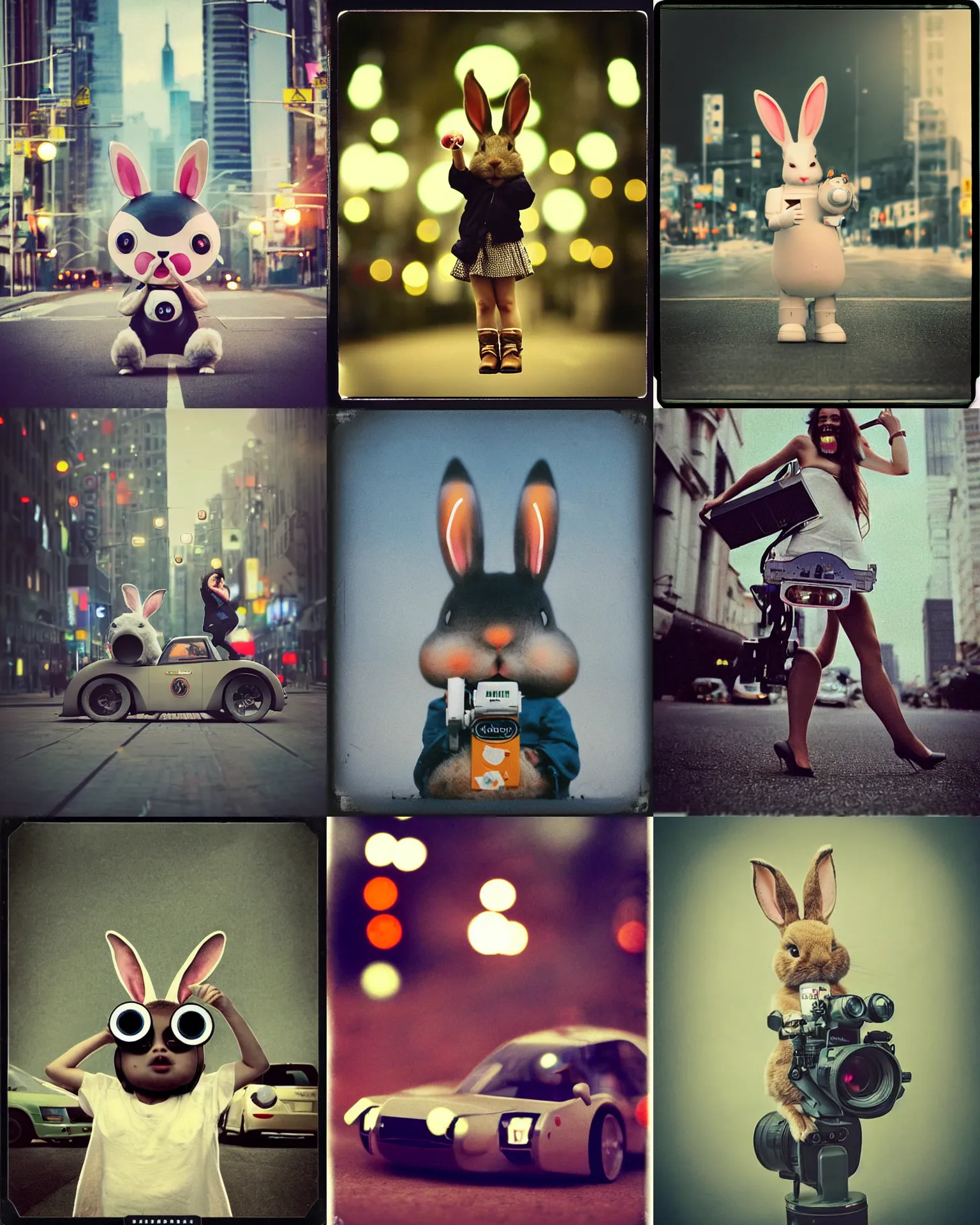 Prompt: 200mm telephoto lens bokeh lights!!! epic pose!!! googly eyed giant oversized rocket battle rabbit robot chubby mech baby sport car double decker with giant oversized ears and rabbit babies ,in busy city , full body , Cinematic focus, Polaroid photo, vintage , neutral dull colors, soft lights, foggy , by oleg oprisco , by national archives, by discovery channel, by victor enrich , by gregory crewdson