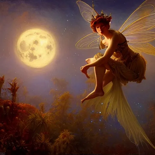 Image similar to attractive fairy magically floating high in the night, fantasy, full moon in background. highly detailed painting by gaston bussiere, craig mullins, j. c. leyendecker, mid shot, 8 k realistic, cryengine, frostbite 3 engine, sharp focus