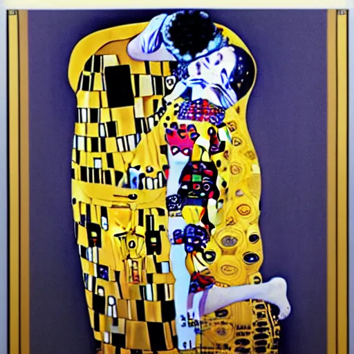 Prompt: the kiss, with a latin female philosopher damaged buddhist monk and a robot, by klimt and yoji shinkawa