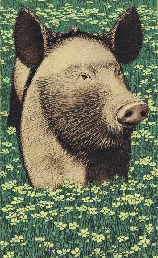 Prompt: by akio watanabe, manga art, a single boar eating in a field of clovers, trading card front