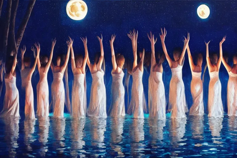 Image similar to 3 d, close - up, night, group of fashion models standing in a night lake with their hands raised to the bright moon, moon ryas, vogue cover style, intricate oil painting, high detail, figurative art, multiple exposure, poster art, 3 d, by stanley kubrick and tooth wu and wlop and beeple