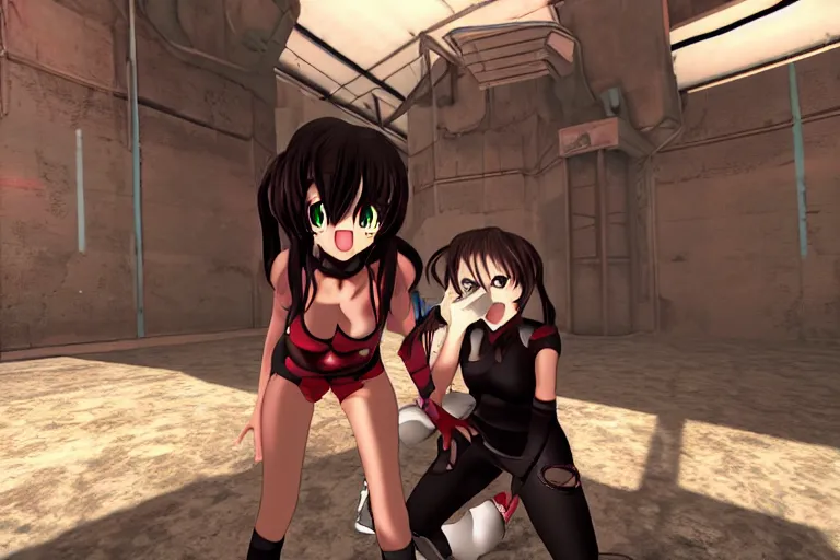 Image similar to an anime girl in a screenshot of the video game doom, the anime girl is crouching