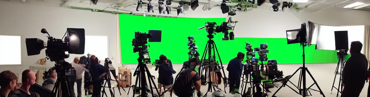 Image similar to photo of a movie set with a big bright green screen, small group of film crew, small group of actors, a few cameras, studio, movie set, realistic, studio lighting