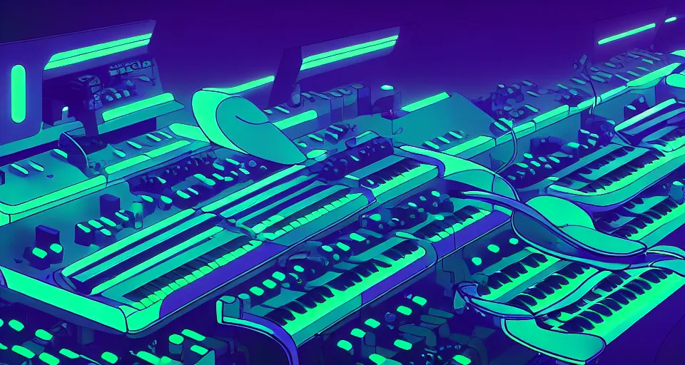 Prompt: a design layout of amazing futuristic synthesizers, cinematic lighting, detailed, beautiful colors, by greg rutowski and studio ghibli