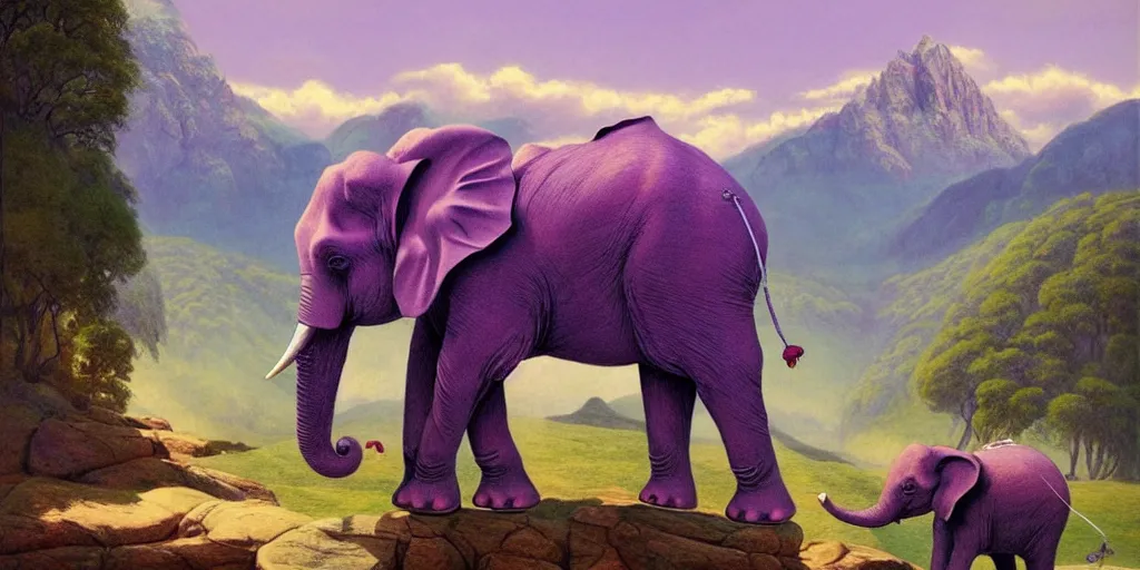 Prompt: A purple elephant childrens book cover, mountains in the background, illustration, detailed, smooth, soft, warm, by Adolf Lachman, Shaun Tan, Surrealism