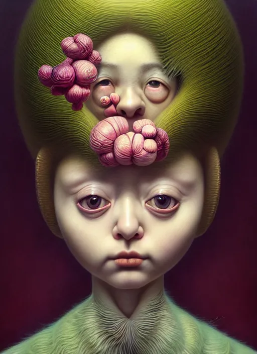 Image similar to hyper detailed 3d render like a Oil painting female kawaii portrait by Jacek Yerka, Ray Caesar, Benjamin Lacombe,Mariusz Lewandowski, Houdini algorithmic generative render, Abstract brush strokes, Masterpiece, Edward Hopper and James Gilleard, Zdzislaw Beksinski, Mark Ryden, Wolfgang Lettl, hints of Yayoi Kasuma, octane render, 8k