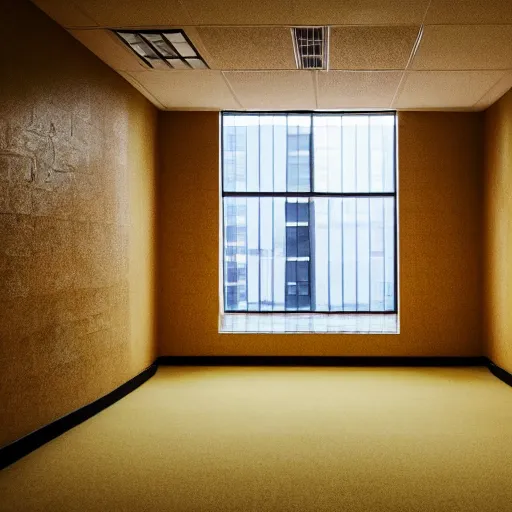 Image similar to dark lights out blackout scary empty 9 0 s office building with no windows doors or furniture the building has brown carpet and yellow wallpaper