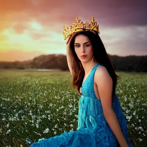 Image similar to Fine art photo of the most beautiful woman, she is turquish, she is posing while maintain a sweet eye contact to the camera, she has a crown of flowers, she has perfect white teeths, she is sitting on a field of lavader, she is getting ulluminated by the rays of the sunset, the photo was taking by Annie Leibovitz, Ellie Victoria Gale, Steve McCurry, matte painting, oil painting, naturalism, 4k, 8k