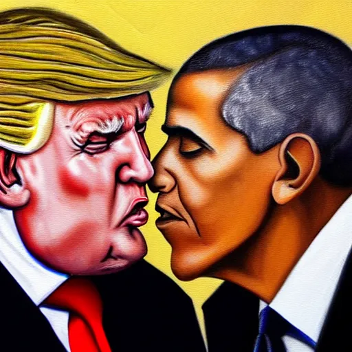 Image similar to oil painting of trump kissing obama, detailed, close up