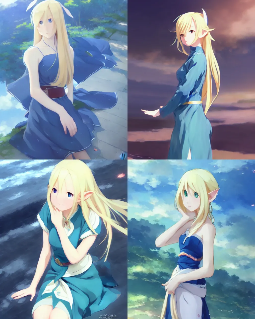 Prompt: elf girl with blonde hair and blue dress, oriental face, half - length photo, soft lighting, by makoto shinkai an krenz cushart, wide angle