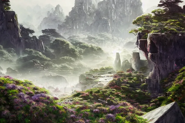 Prompt: Brutalist Shiro, Eden at Dawn, amazing cinematic concept painting, by Jessica Rossier , Gleaming White, overlooking a valley, Himeji Rivendell, gleaming white cement, Garden of Eden, wildflowers and grasses, terraced orchards and ponds, lush fertile fecund, fruit trees, birds in flight, animals wildlife