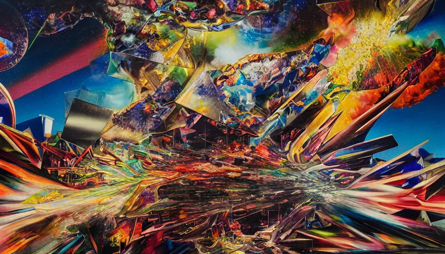 Prompt: holographic exploding inscape, detailed and highly reliefed glossy painting and analogue collage with canvas texture in style of contemporary art, photorealistic, surrealism, expressionism, masterpiece, balanced composition, calm vivid colors, grim atmosphere, spectacular quality, CGSociety, intricate oil, Pastiche by Miyamoto, Pastiche by Rob Liefeld