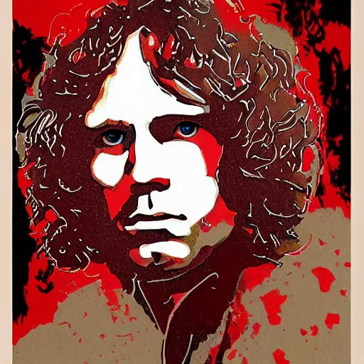Prompt: Jim Morrison, The Doors, 1970's, Detailed, Mixed Media, Cream paper, black, red, cyan, DeviantArt