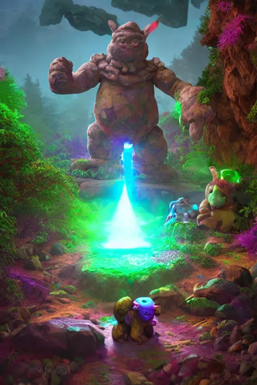 Image similar to arcane fantasy art giant golem elemental wood rock bastion forged gemstone enchanted forest troll, global illumination ray tracing hdr fanart arstation by sung choi and eric pfeiffer and gabriel garza and casper konefal lisa frank zbrush central hardmesh radiating a glowing aura