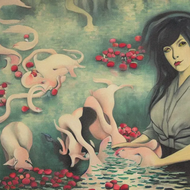 Image similar to female emo art student, painting of flood waters inside an artist's feminine bedroom, a river flooding indoors, pomegranates, pigs, ikebana, water, octopus, river, rapids, waterfall, black swans, canoe, berries, acrylic on canvas, surrealist, by magritte and monet