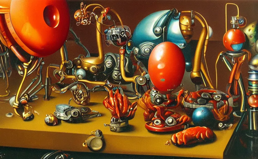 Image similar to strange seductive futuristic robot body, enticing colorful oil painting dutch golden age vanitas still life sparse composition with bulbous objects strange gooey transparent surfaces shiny metal reflections bizarre mutant meat insects rachel ruysch dali todd schorr very detailed perfect composition rule of thirds masterpiece canon 5 0 mm, cinematic lighting, photography, retro, film, kodachrome