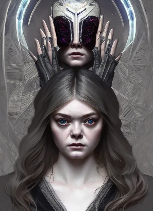 Image similar to symmetry!! portrait of elle fanning in dead space, horror, fashion, dark!! intricate, elegant, highly detailed, digital painting, artstation, concept art, smooth, sharp focus, illustration, art by artgerm and greg rutkowski and alphonse mucha