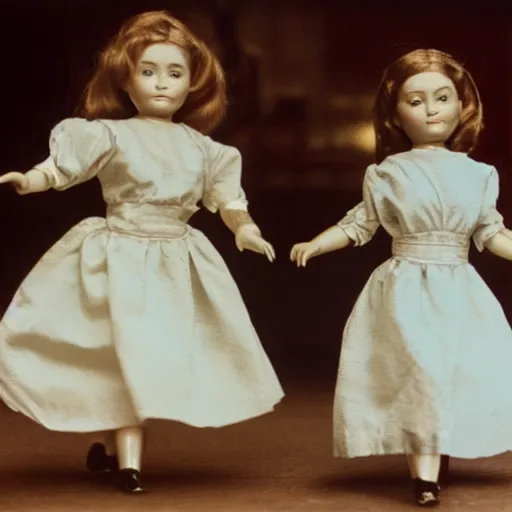 Prompt: A photograph of Else and Anna dancing as miniature dolls, movie still