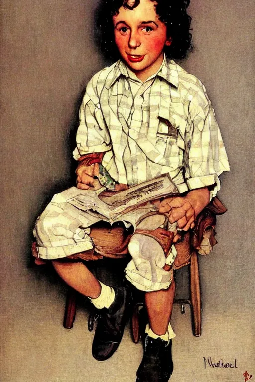 Image similar to a portrait painting of Tiny Tim. Painted by Norman Rockwell