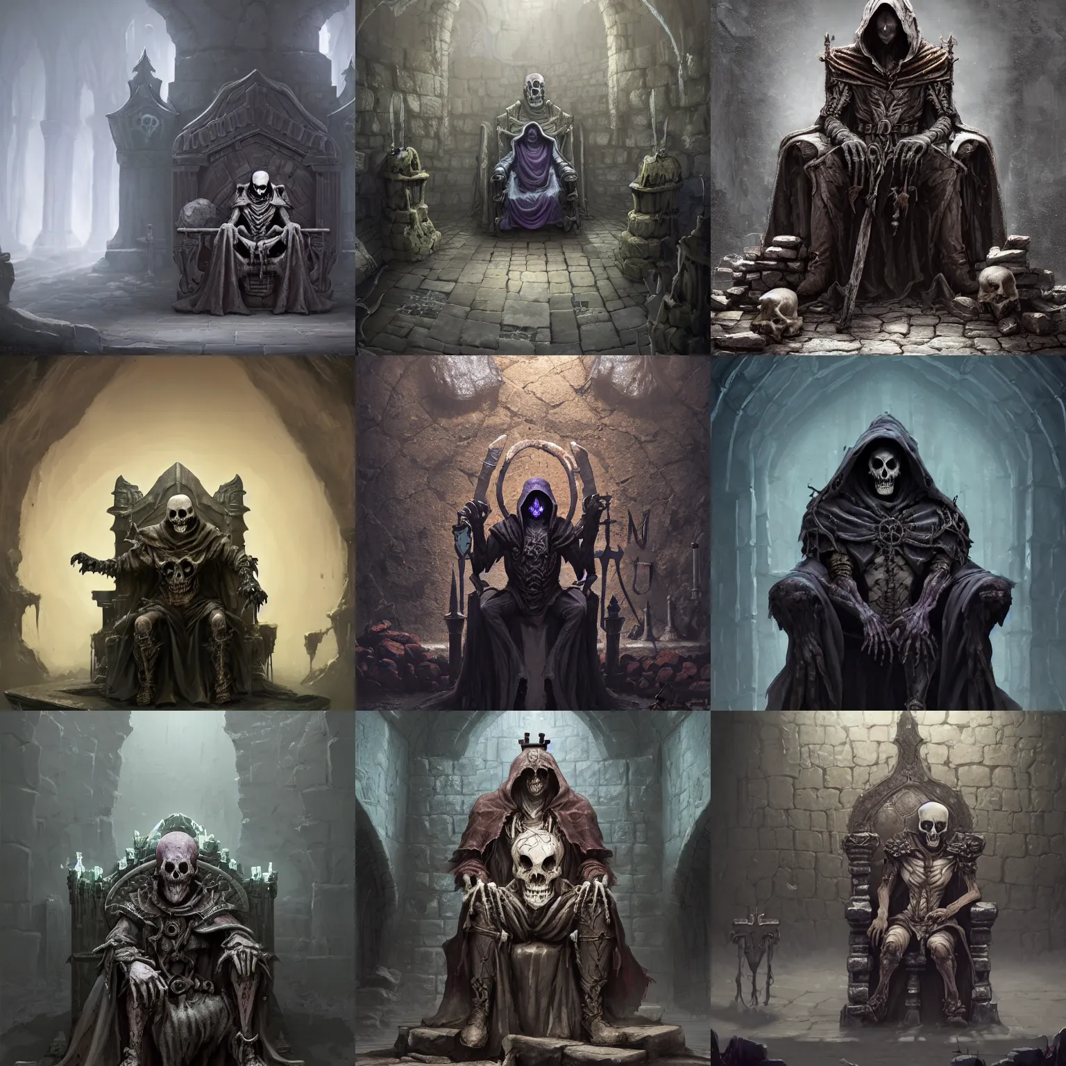 Prompt: necromancer sitting on a throne inside dungeon crypt, wearing a dark hood and face replaced with rotting skull, gray stone wall behind him by Stanley Artgerm Lau, WLOP, Rossdraws, James Jean, Andrei Riabovitchev, Marc Simonetti, and Sakimichan, Unreal Engine, 4k, trending on Artstation