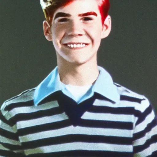 Prompt: a high school senior yearbook photo of Archie Andrews from 1966, in color