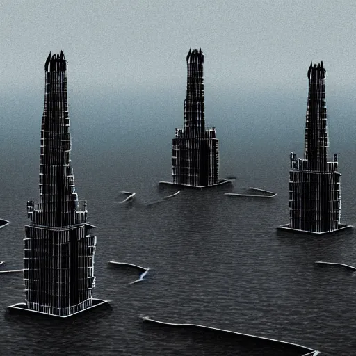 Prompt: 1 9 5 0 s city at the bottom of the ocean realistic dark towers, view from sea floor