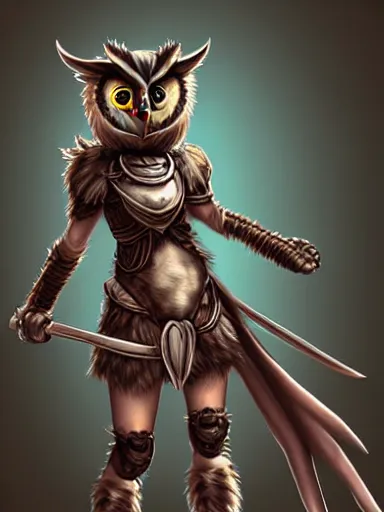 Image similar to female owlkin!! female birdfolk!!! anthro!!!!!! avian, bird, owl!!! roman armor, Lorica segmentata! subject holding gladius!