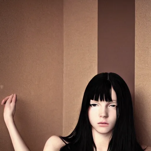 Image similar to photo of lonely young girl エウリン with straight long black hair wearing black dress that sitting on bathroom floor, photo made by mario testino and vanessa beecroft, model エリサヘス ・ セイモア from acquamodels. com, render by artgem and alphonse mucha for capcom co, resident evil