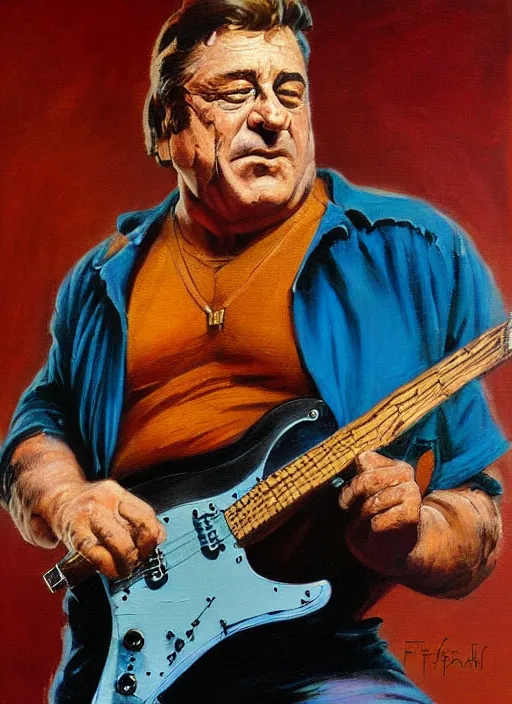 Image similar to john goodman shredding on an electric guitar, painting by frank frazetta, 8 k, clean