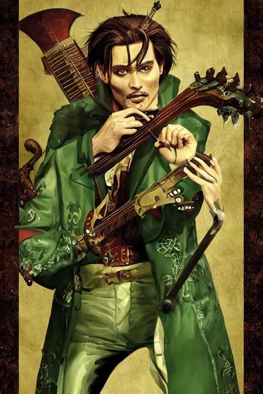 Image similar to Breathtaking comic book style of Johny Depp portrayed as a Dungeons and Dragons bard, playing the lute and wearing a pale green jacket in the style of ilya kuvshinov